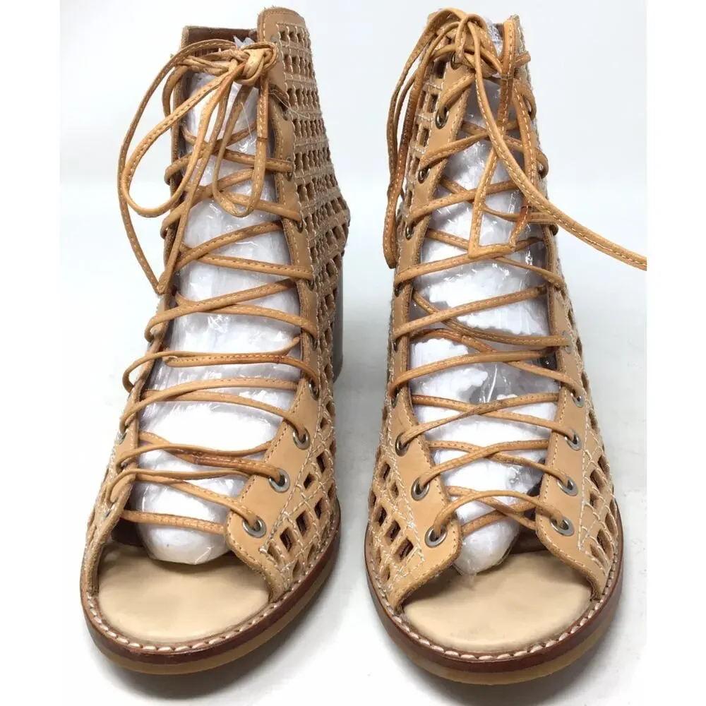 Jeffrey Campbell Cors 2 Size 10 Tan Leather Lace Up Block Heel Open Booties